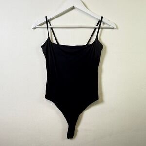 SUUKSESS Black Square Neck Spaghetti Strap Thong Bodysuit Small